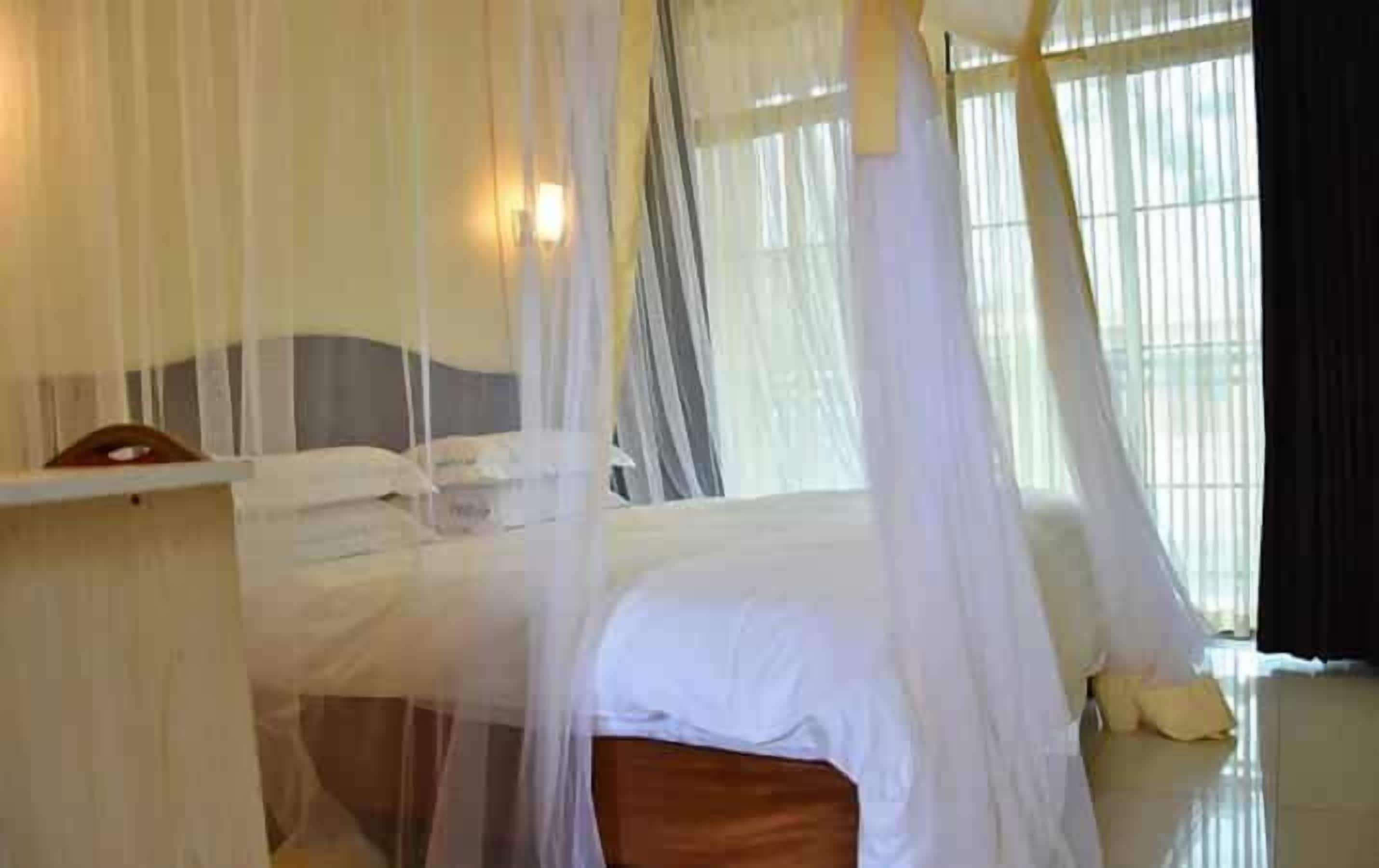 A bedroom with a bed covered by a canopy, a bedside table, and a window with curtains.