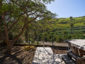 A garden with a tree, a bench, and a table with a canopy. - Rural Refuge by CanariasGetaway (Telde)