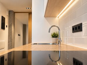 Une cuisine moderne avec un évier en acier inoxydable, un plan de travail en bois et une plante en pot.