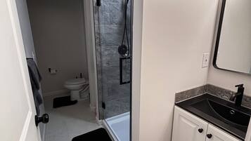 A bathroom with a glass-enclosed shower, a white sink, and a mirror.
