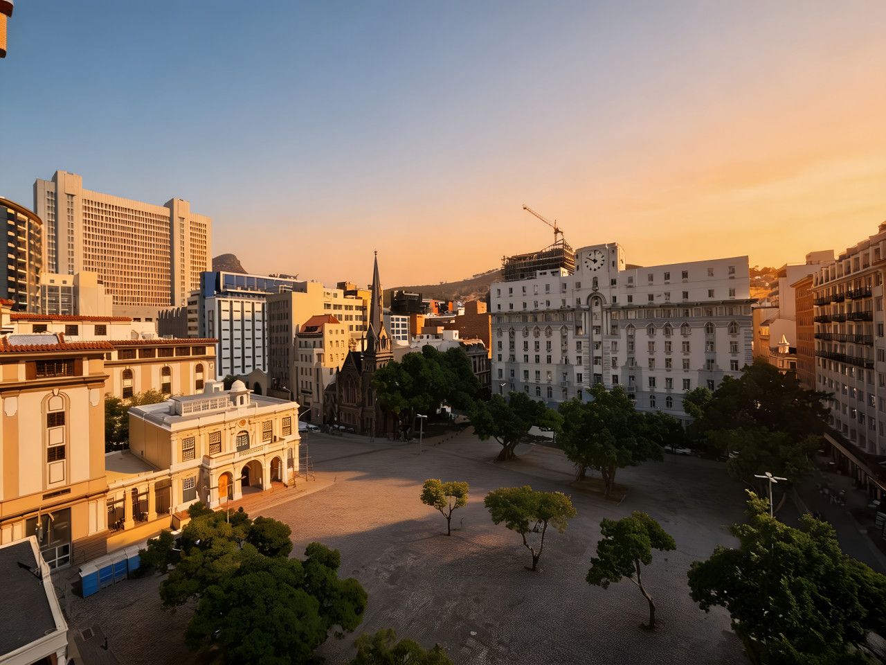 Un paisaje urbano con edificios históricos, un sitio de construcción y una plaza central con árboles.