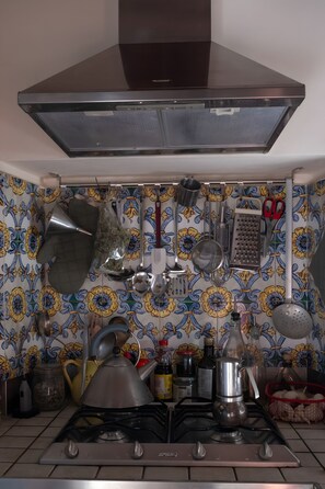 A kitchen with a gas stove, a stainless steel range hood, and various kitchen utensils and appliances. - The Bauhaus Room - Lucca Countryside (Lucca)