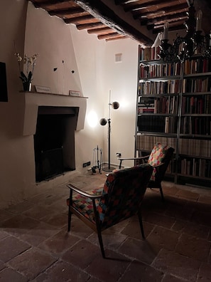 A cozy living room with a fireplace, a bookshelf, and a patterned armchair. - Room 'The Mediterranean' with Mountain View, Wi-Fi and Air Conditioning (Lucca)