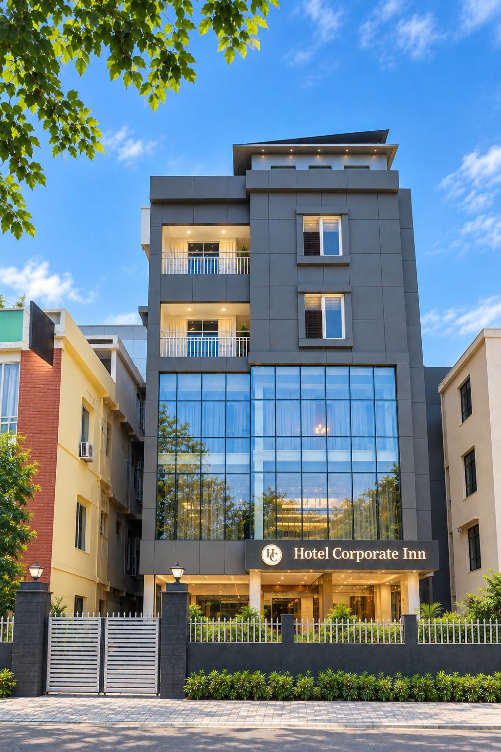 Un edificio moderno con fachada de vidrio, balcones y acceso mediante portón.