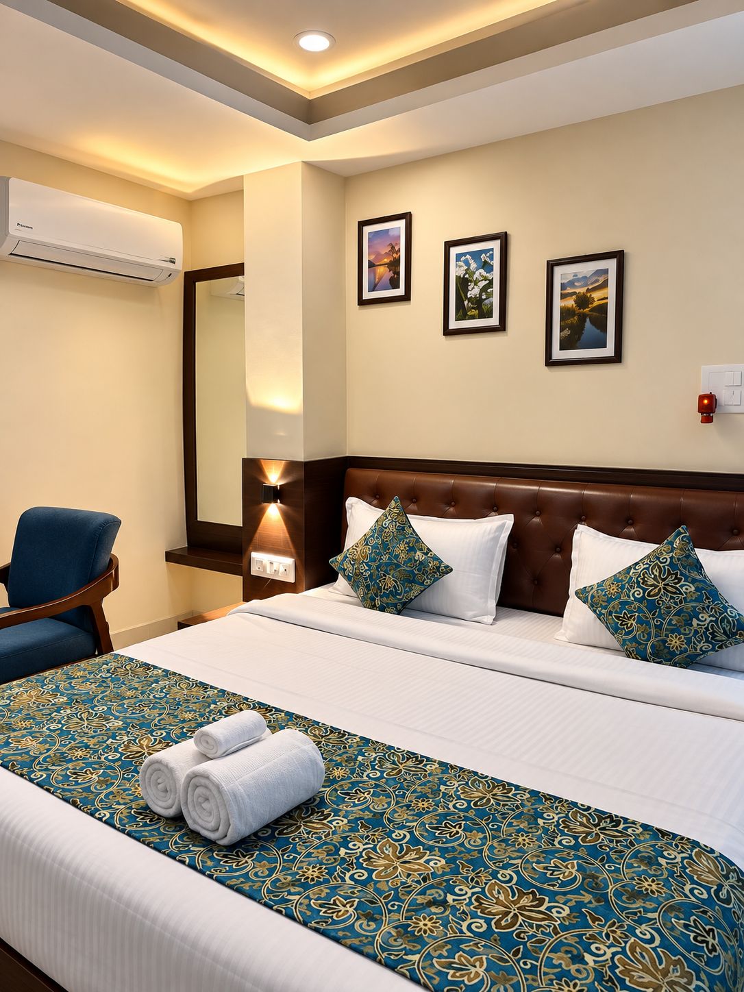 A hotel room with a large bed, two pillows, a chair, a bedside table with a lamp, and an air conditioning unit.