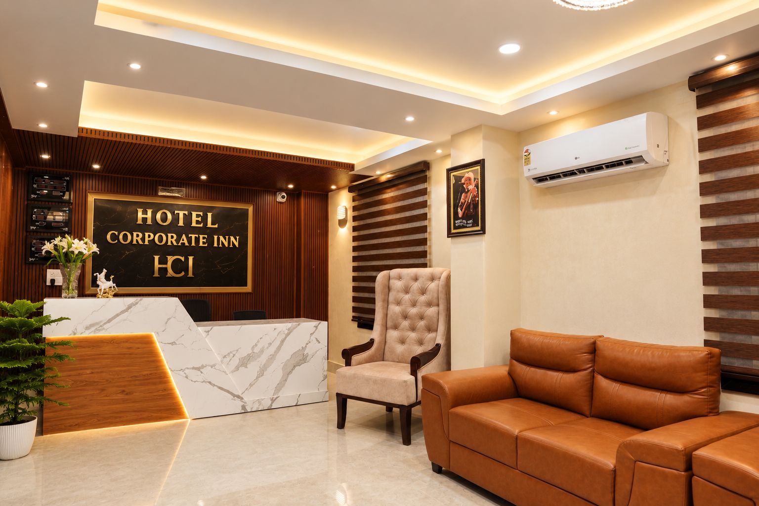 Zona de recepción de un hotel con un mostrador de mármol, un sillón capitonado, un sofá de cuero y una unidad de aire acondicionado en la pared.