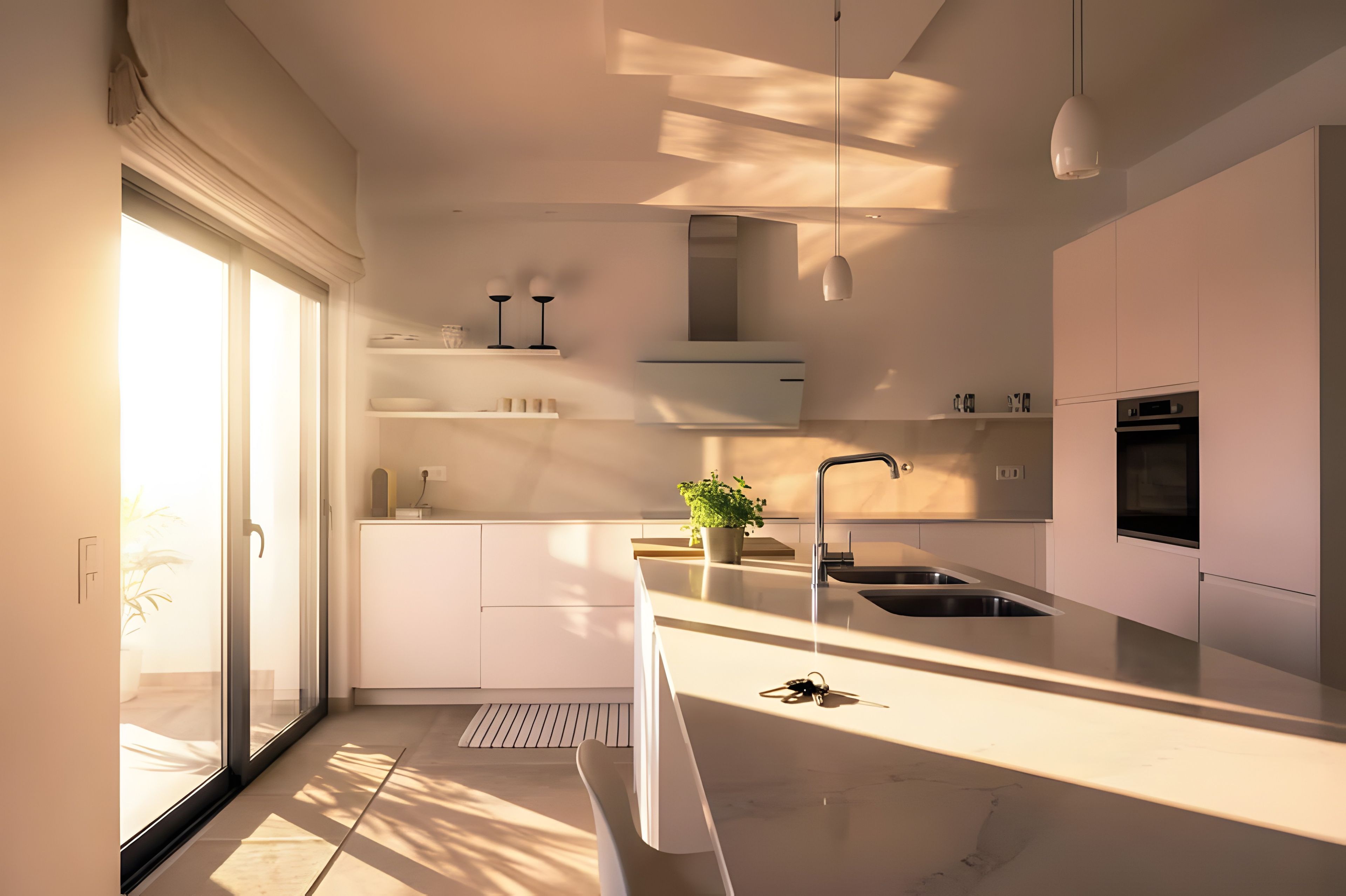 Et moderne køkken med en central ø, indbyggede apparater og en skydedør af glas.