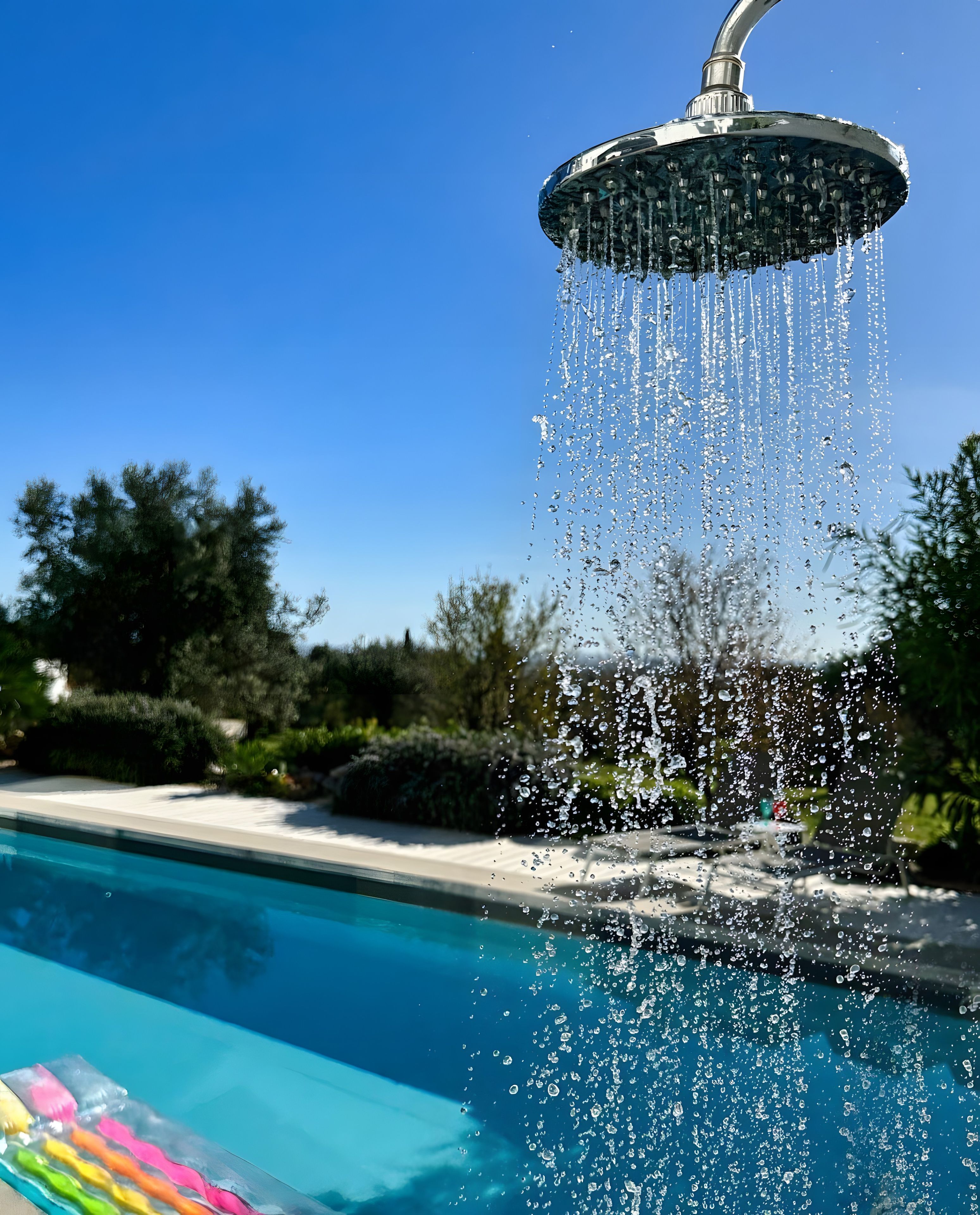 Una piscina con fuente de agua, cielo azul despejado y follaje al fondo.