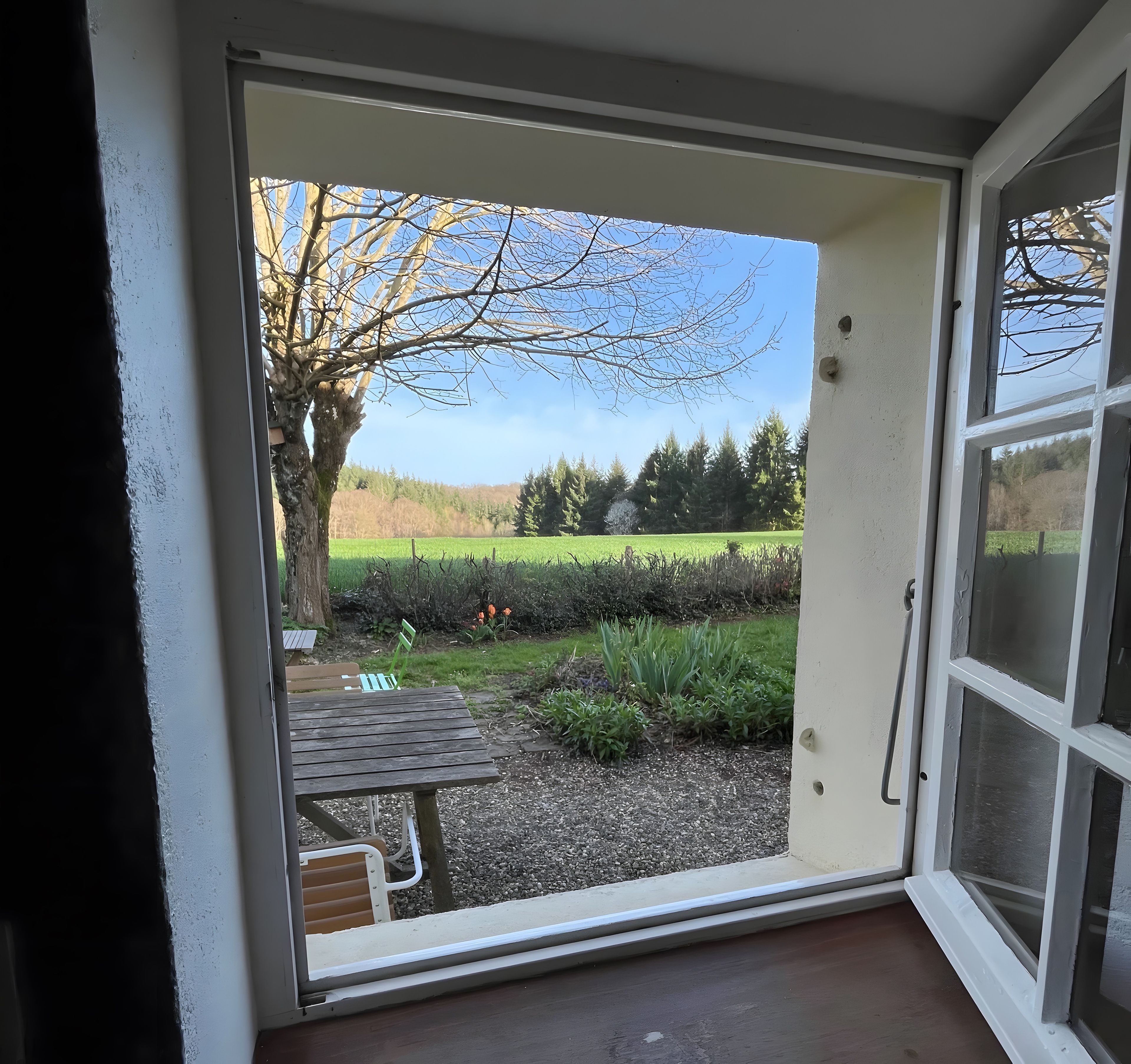 Uitzicht door een schuifdeur op een tuin met een bankje en een boom.