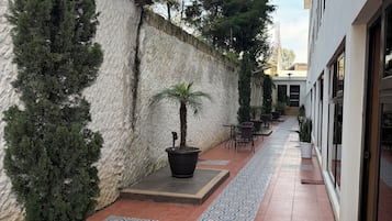 Un patio al aire libre con un camino empedrado, plantas en macetas y mobiliario exterior.