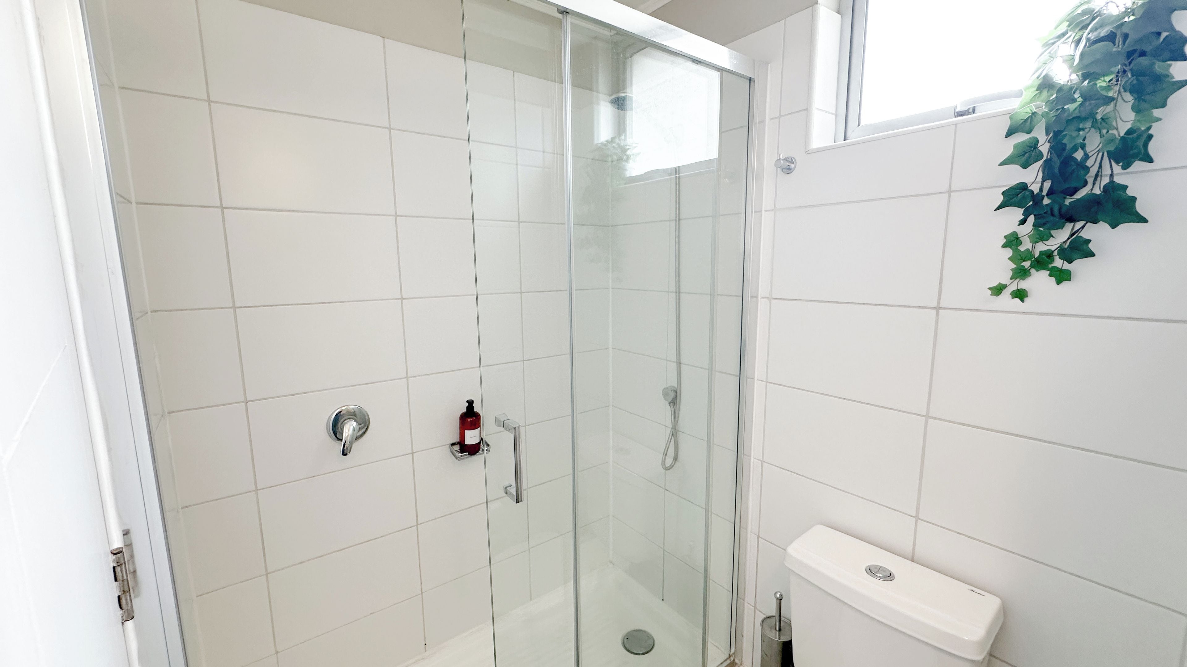 A glass-enclosed shower with a white tiled wall, a small sink, and a toilet.