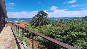 A balcony with a view of a lush landscape, a clear sky, and distant mountains.
