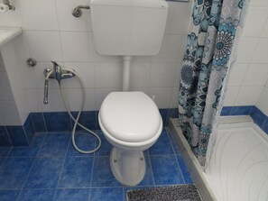 A bathroom with a white toilet, a shower curtain with a blue and white pattern, and blue-tiled flooring. - New Listing (Palermo)