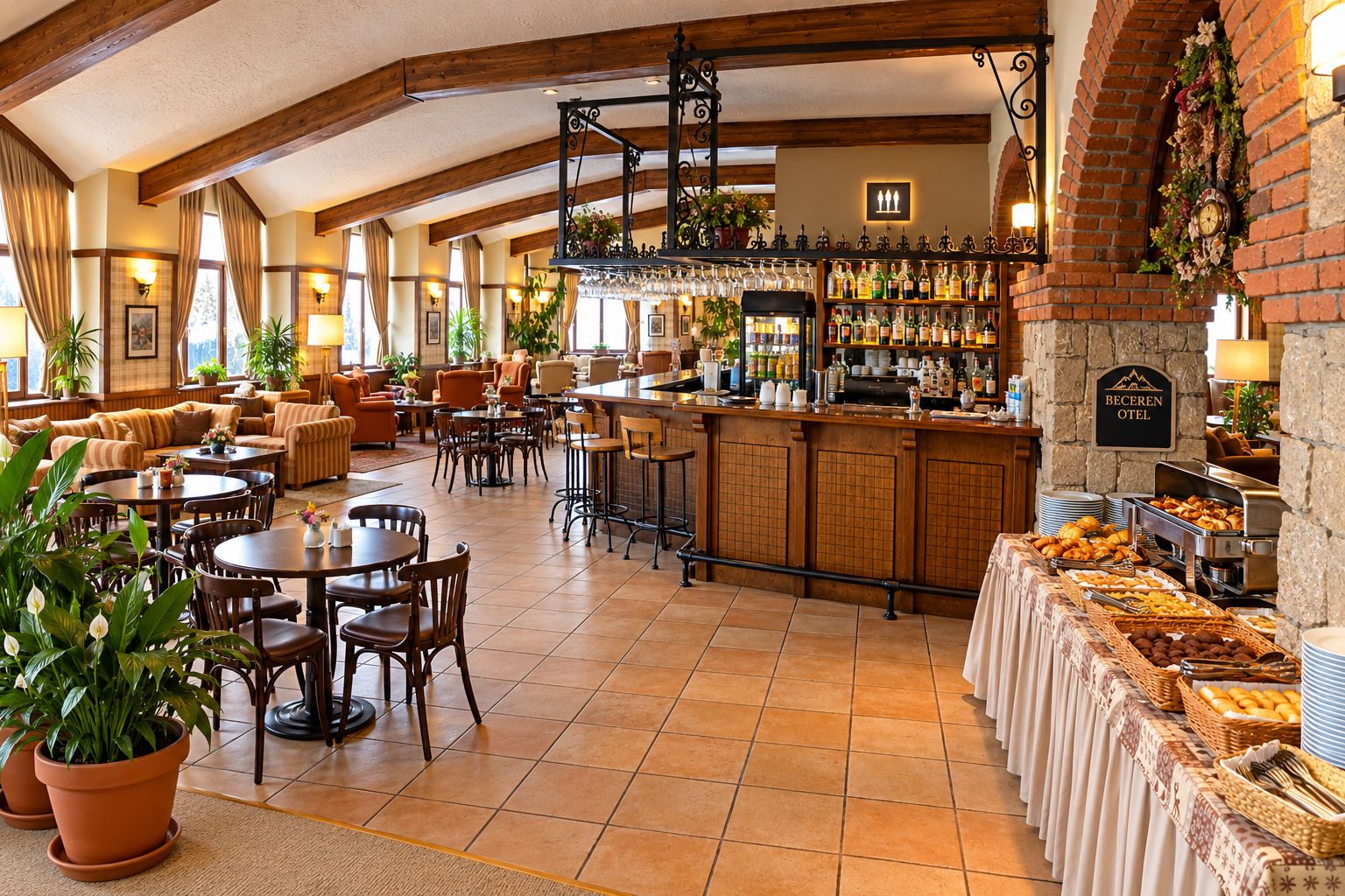 A hotel lobby with a bar area, seating arrangements, and a buffet.