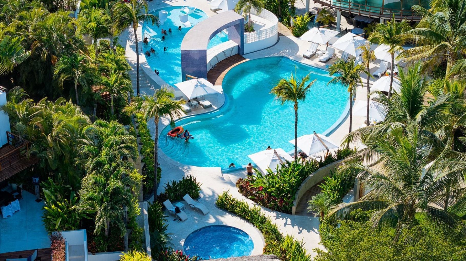Une grande piscine à plusieurs niveaux, entourée de palmiers et de chaises longues.