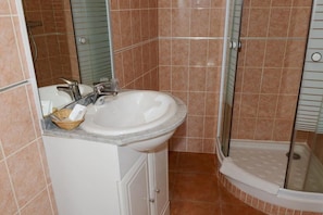 Un baño con lavamanos, espejo y ducha.
