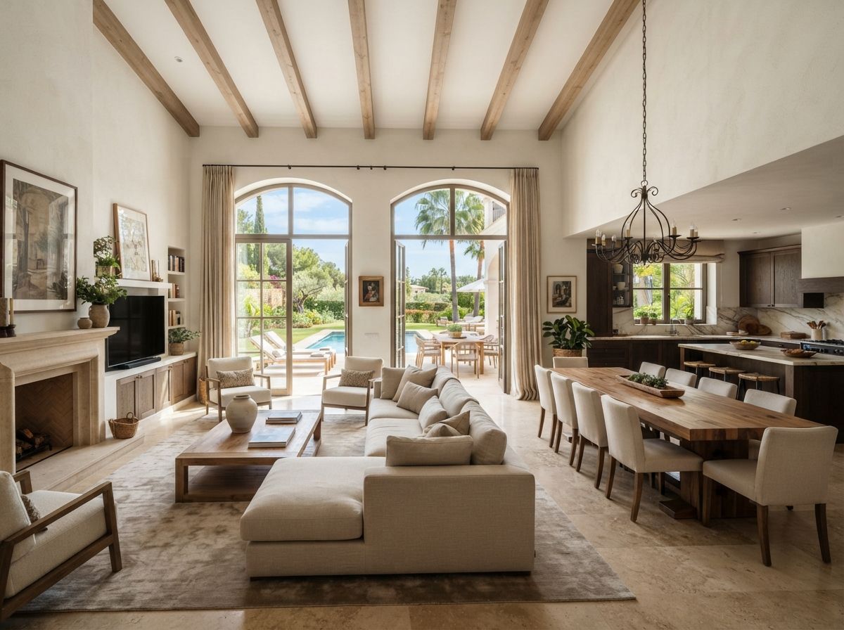 A spacious living area with a fireplace, a large sofa, and a dining table.