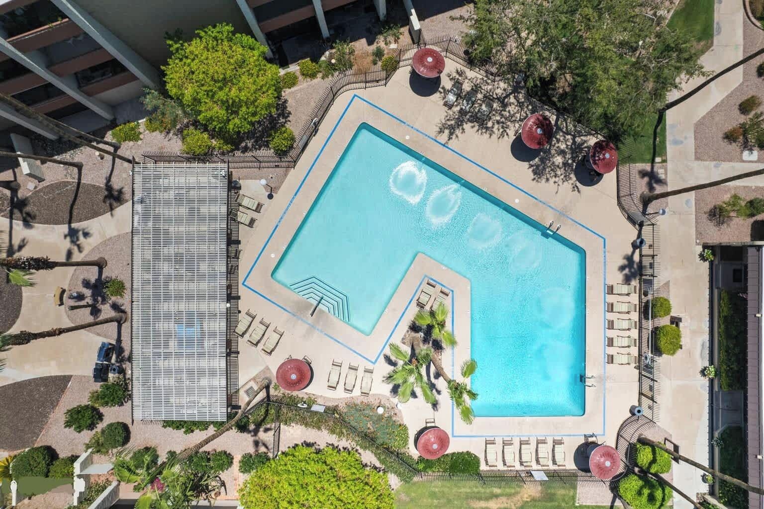 An aerial view of a swimming pool with a unique L-shaped design, surrounded by lounge chairs and palm trees.