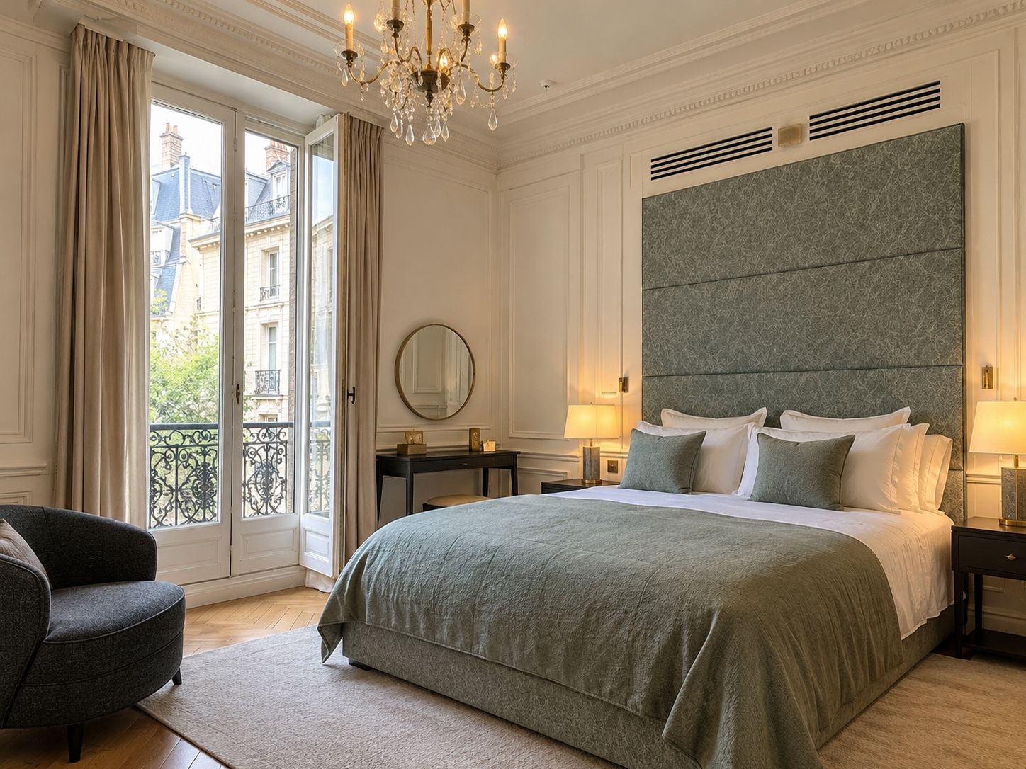 Een hotelkamer met een groot bed, een zithoek met een fauteuil, een balkon met uitzicht op gebouwen, en een kroonluchter.