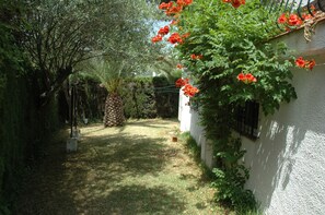 Un jardin avec un mur blanc, un arbre et des fleurs rouges.