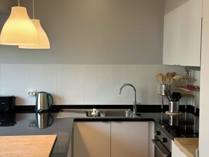 Eine kleine Küche mit modernem Design, ausgestattet mit einem Edelstahlspülbecken, einem Wasserkocher und einer Dunstabzugshaube.