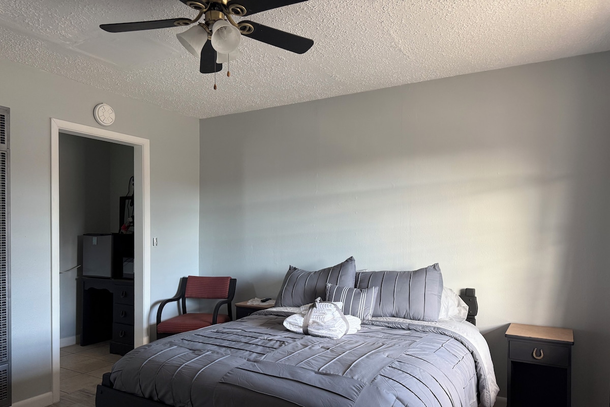 A bedroom with a bed, a nightstand, a chair, a desk, and a ceiling fan.