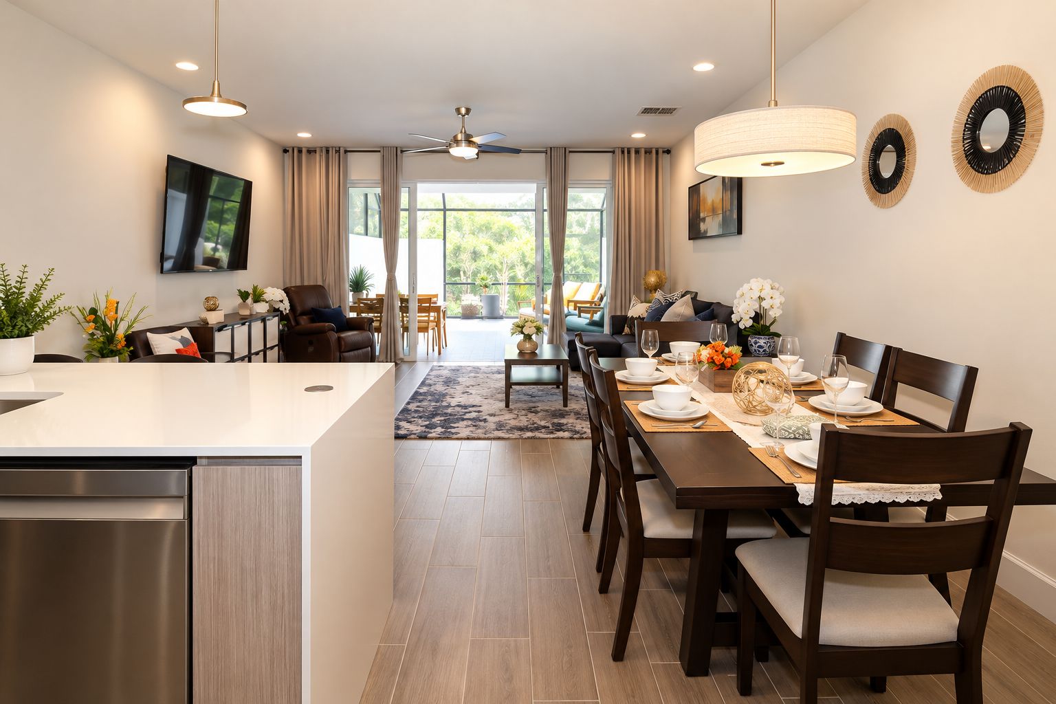 A modern dining area with a long table set for six, a kitchen area with a built-in oven, and a living room with a sofa and a TV.