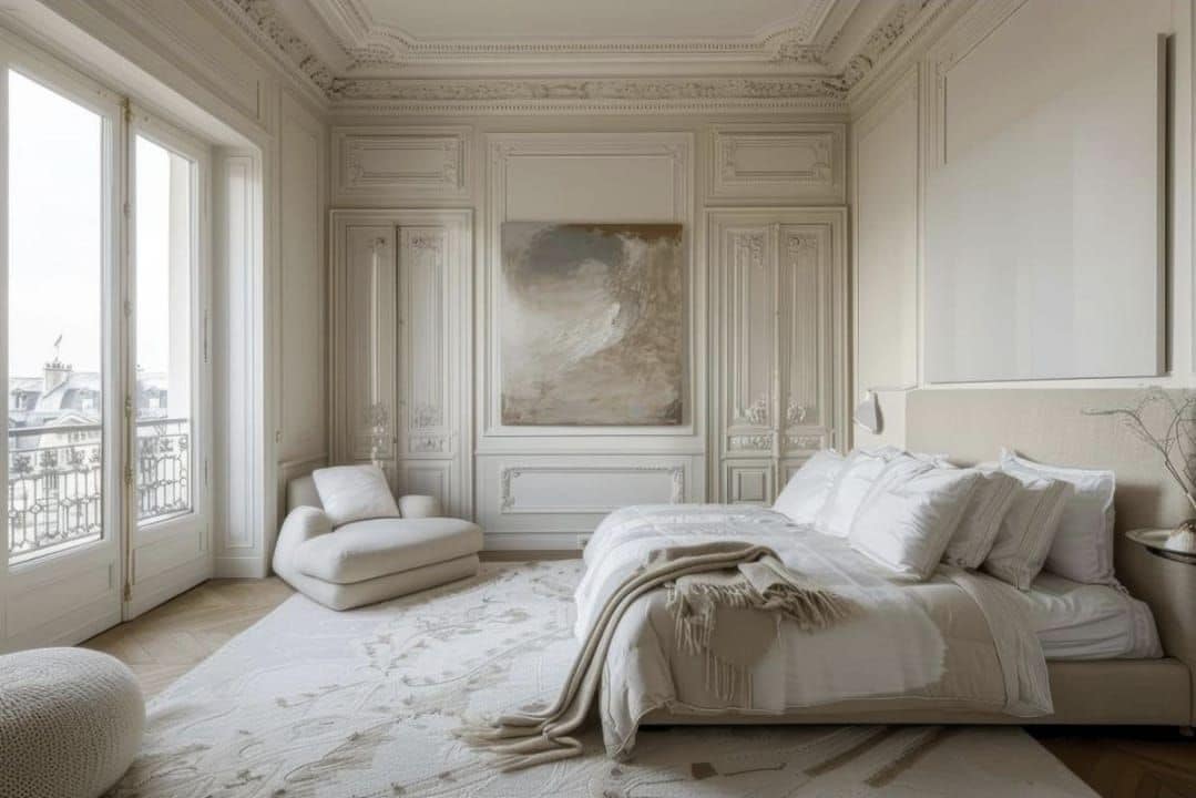 Ein Zimmer mit einem Bett, einem Sessel und einem großen Gemälde an der Wand.