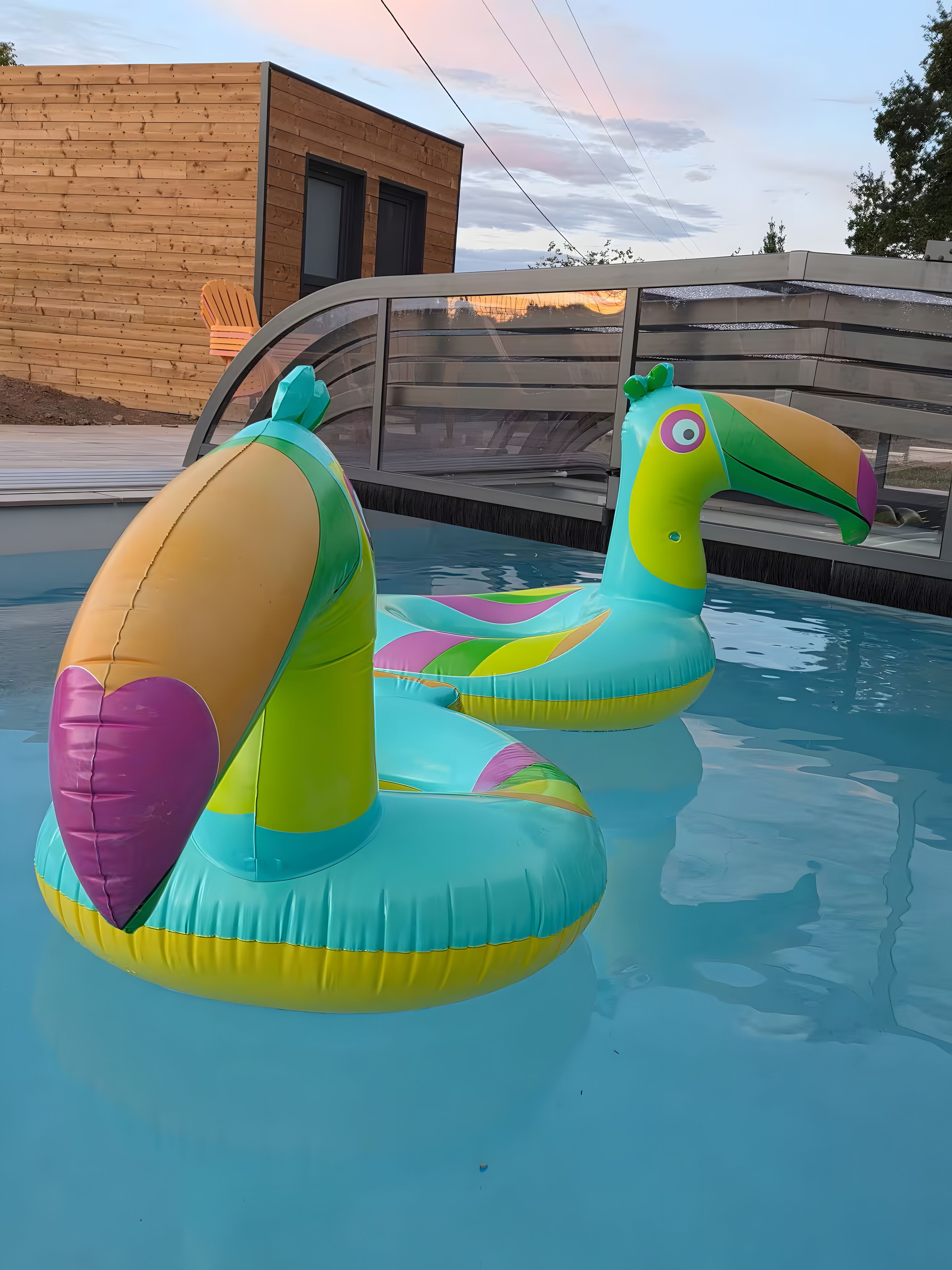 Two colorful inflatable pool floats shaped like a flamingo and a heart.