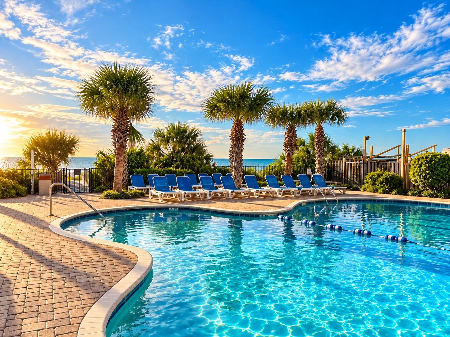 A swimming pool with blue lounge chairs and palm trees, surrounded by a brick walkway.