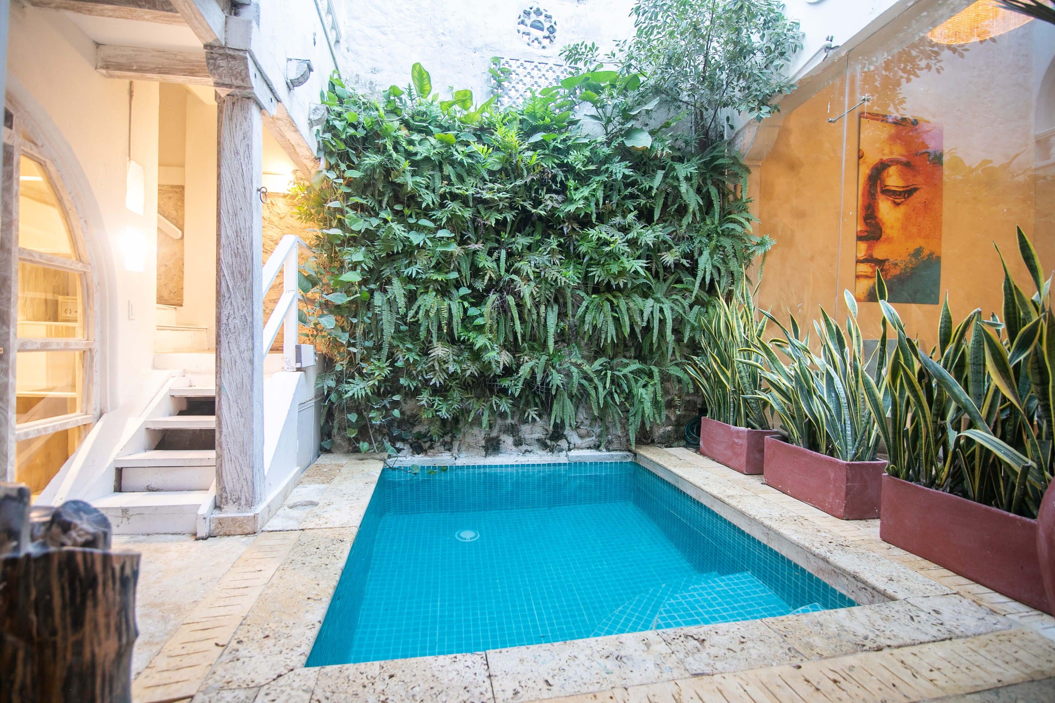 A swimming pool with a tiled floor, surrounded by a variety of plants and a mural on the wall.