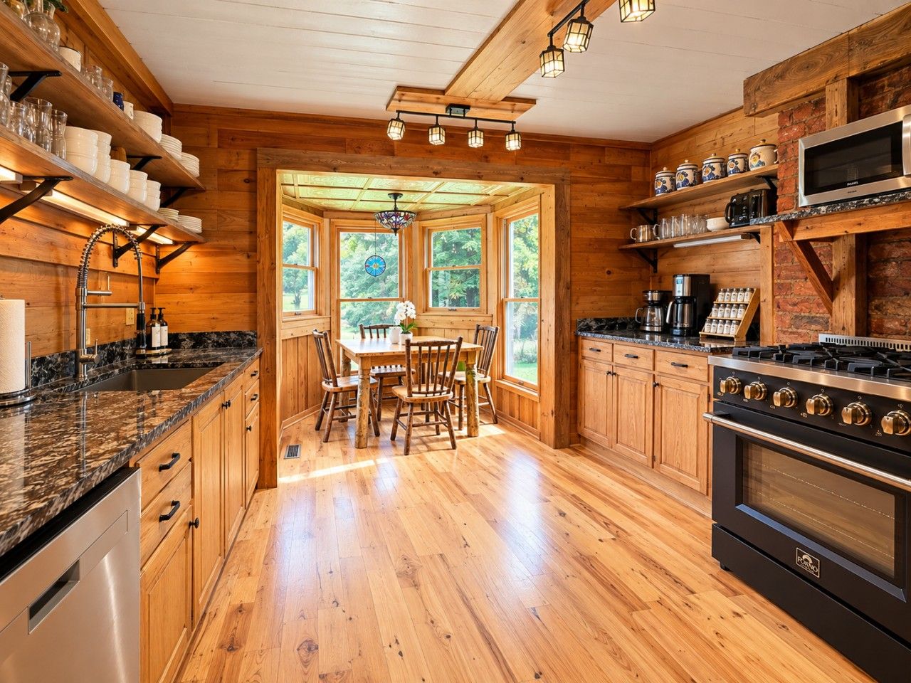 Una cocina de madera con una mesa de comedor y sillas, una estufa y un microondas.