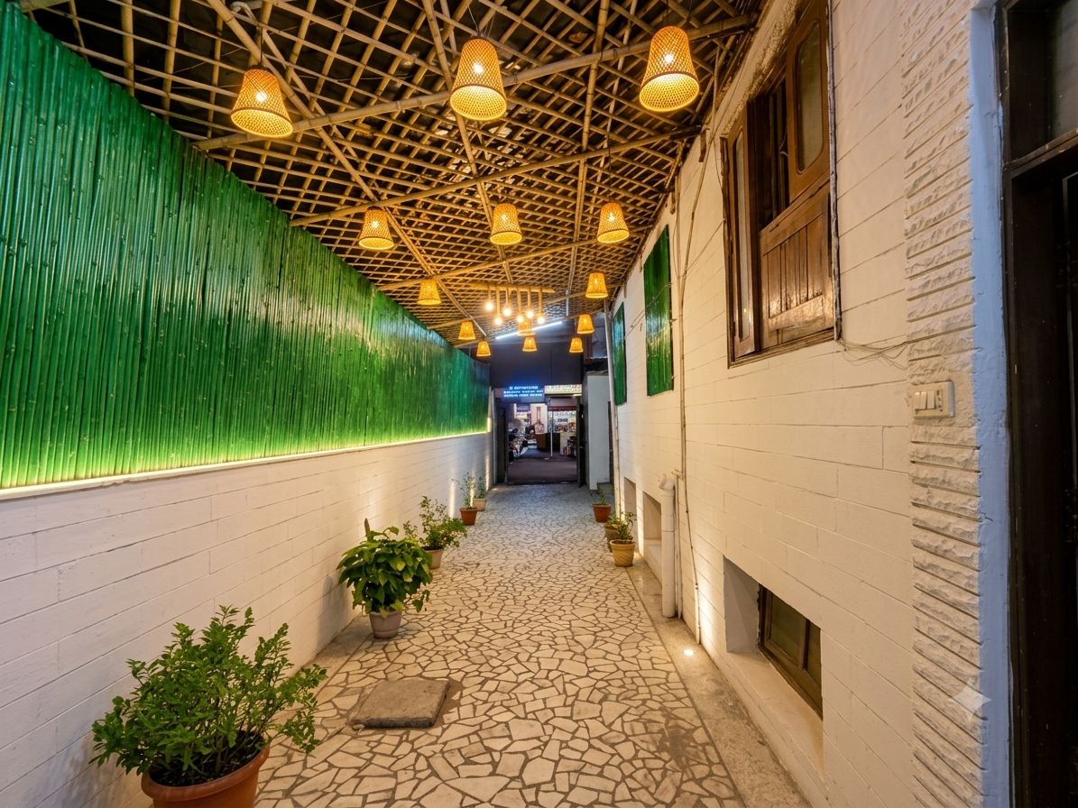 A corridor with a patterned floor, green wall, and hanging lights.
