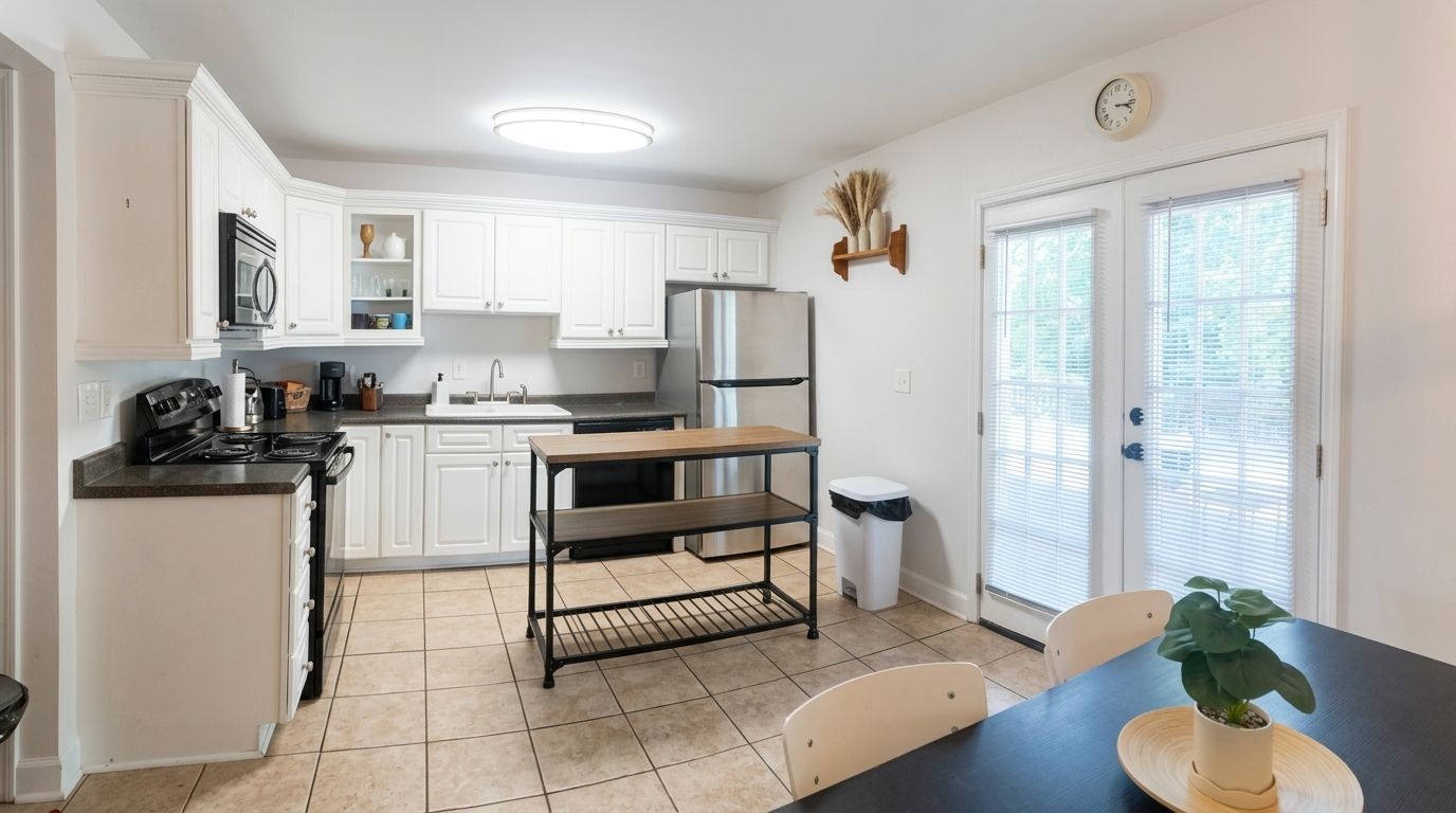 A kitchen with white cabinets, a stainless steel refrigerator, a stove, and a dining table with chairs.