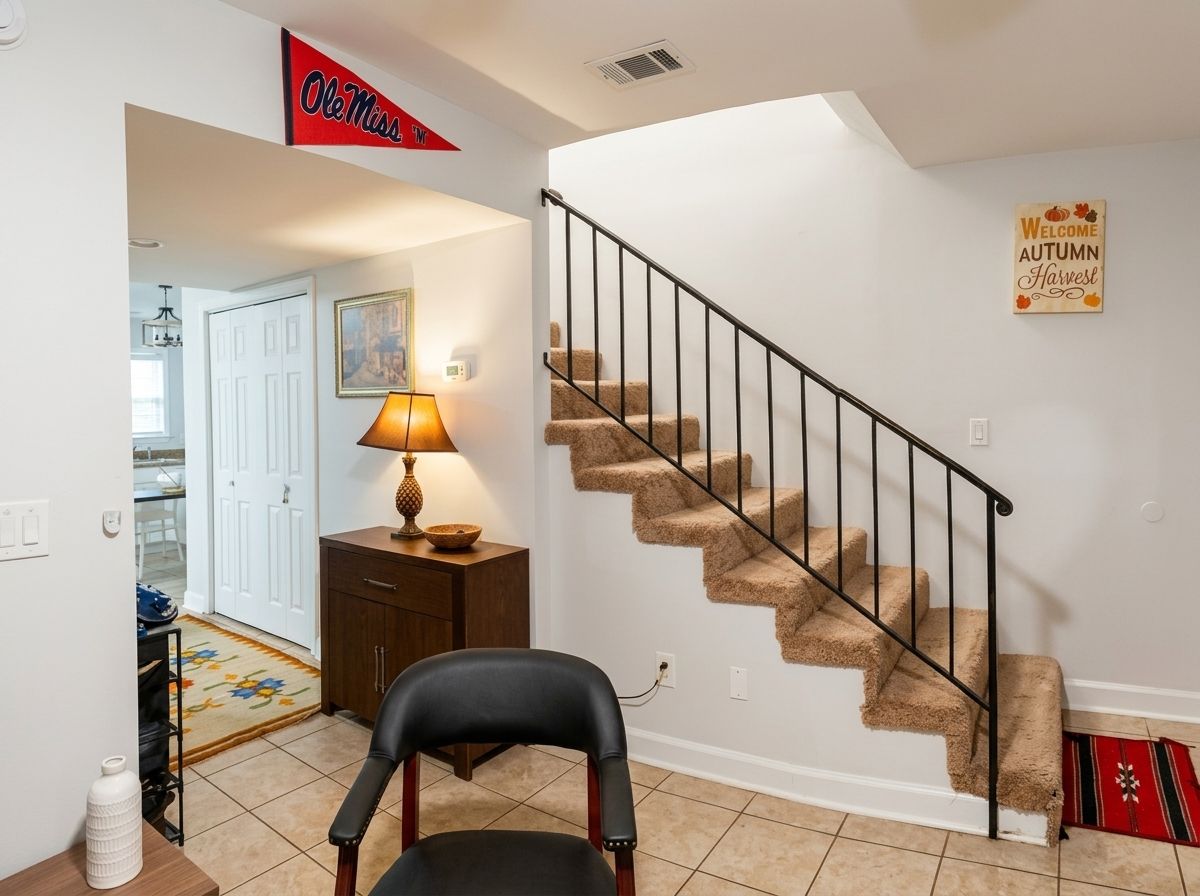 A staircase with a metal railing, a chair, a lamp, and a welcome sign.