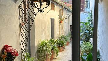 An indoor corridor with tiled flooring, potted plants, and a hanging lantern.