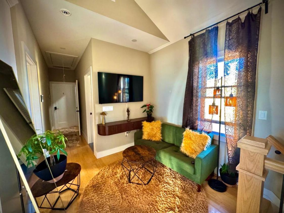 Un salon avec un canapé vert, un téléviseur à écran plat, un tapis à motifs et une fenêtre avec des rideaux.