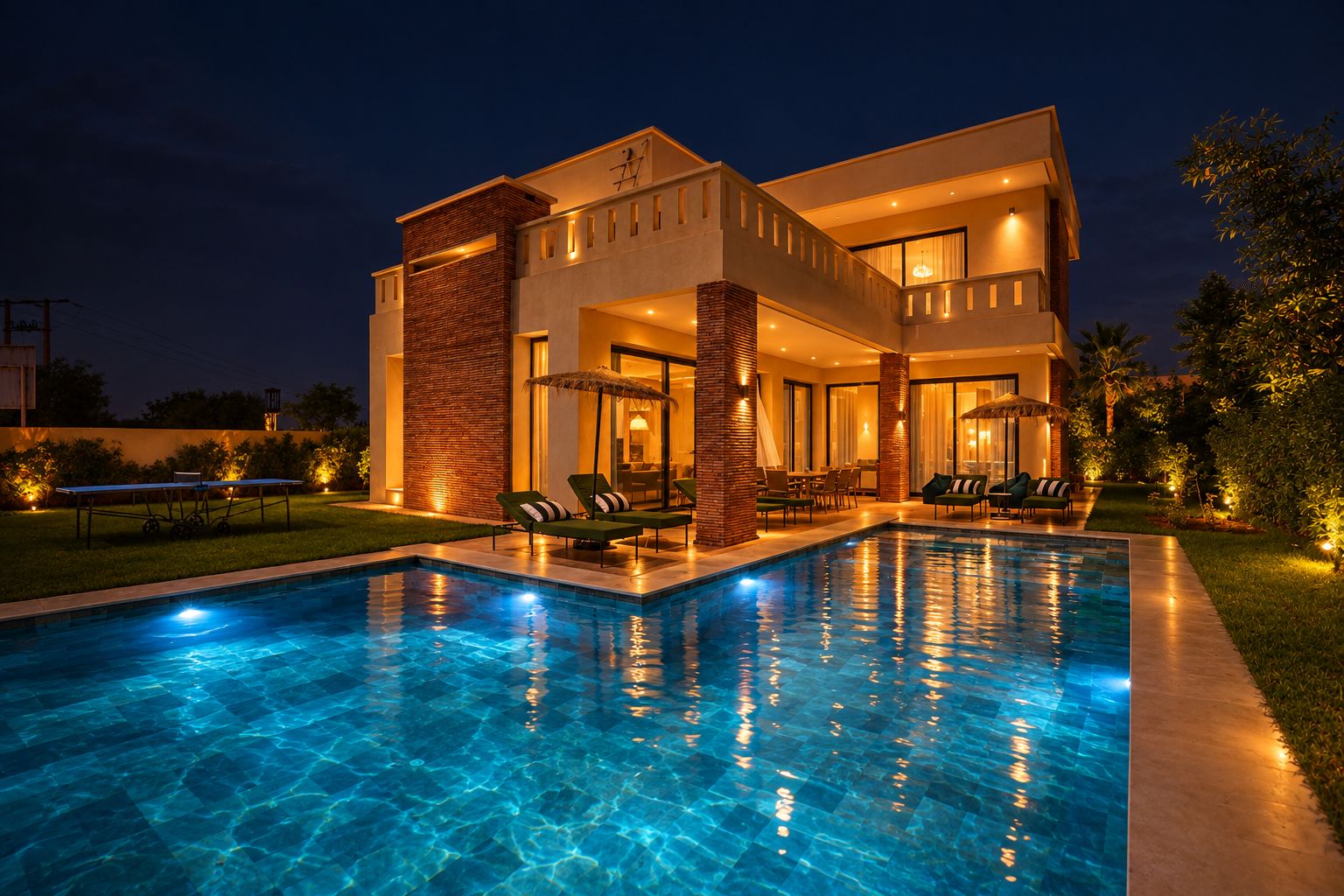 Uma casa moderna de dois andares com piscina em primeiro plano.