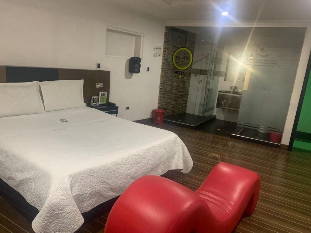 Une chambre d’hôtel avec un lit, une chaise rouge, une petite table, une table de chevet, un miroir et un espace douche.