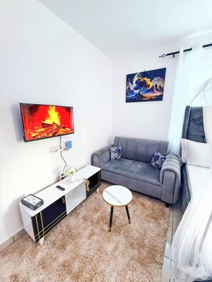 A living room with a grey sofa, a white coffee table, a TV displaying a fire, and a painting of a landscape. - Modern Studio In Mtwapa, Kenya (Mtwapa)