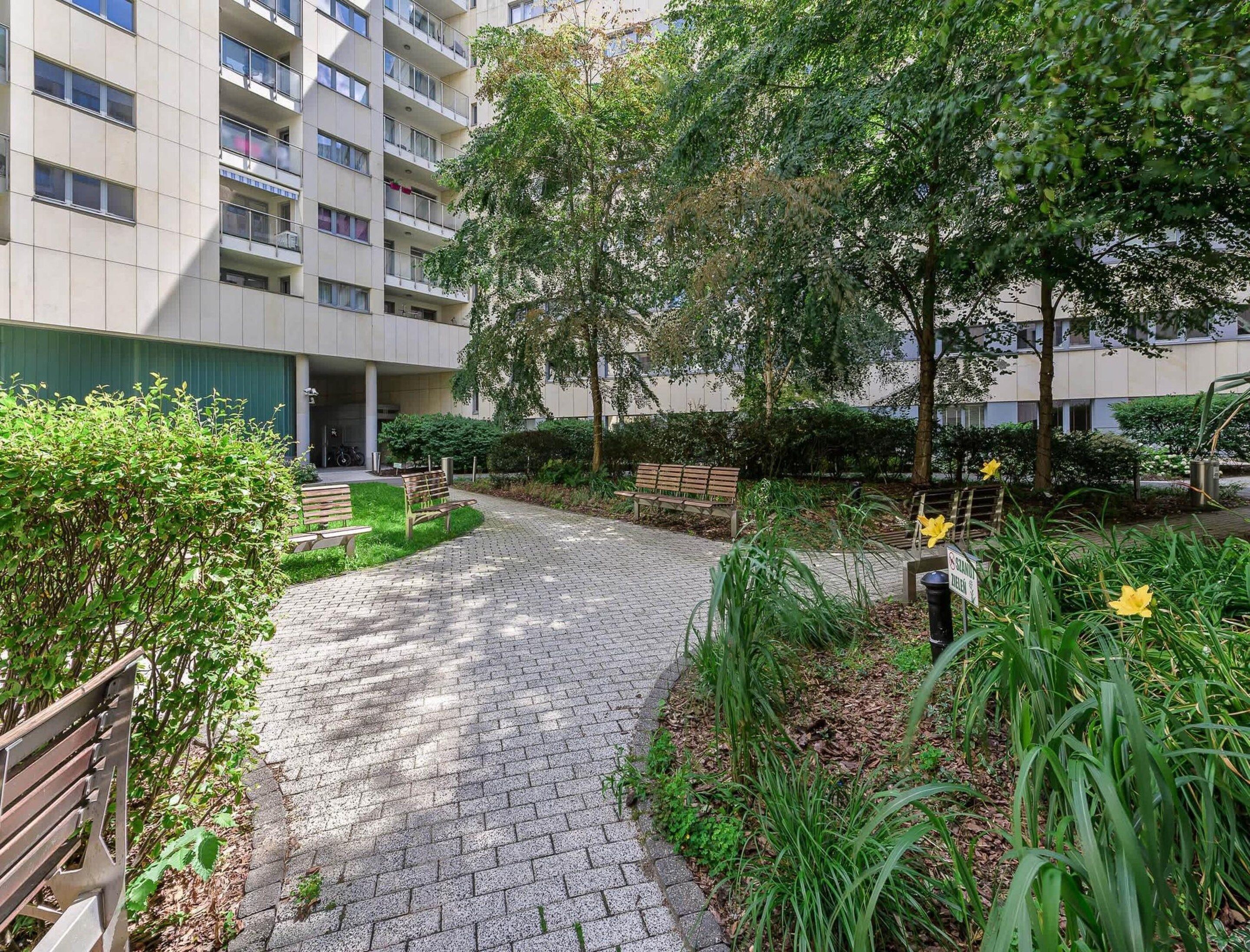A paved pathway leading to a building entrance, surrounded by greenery and benches.