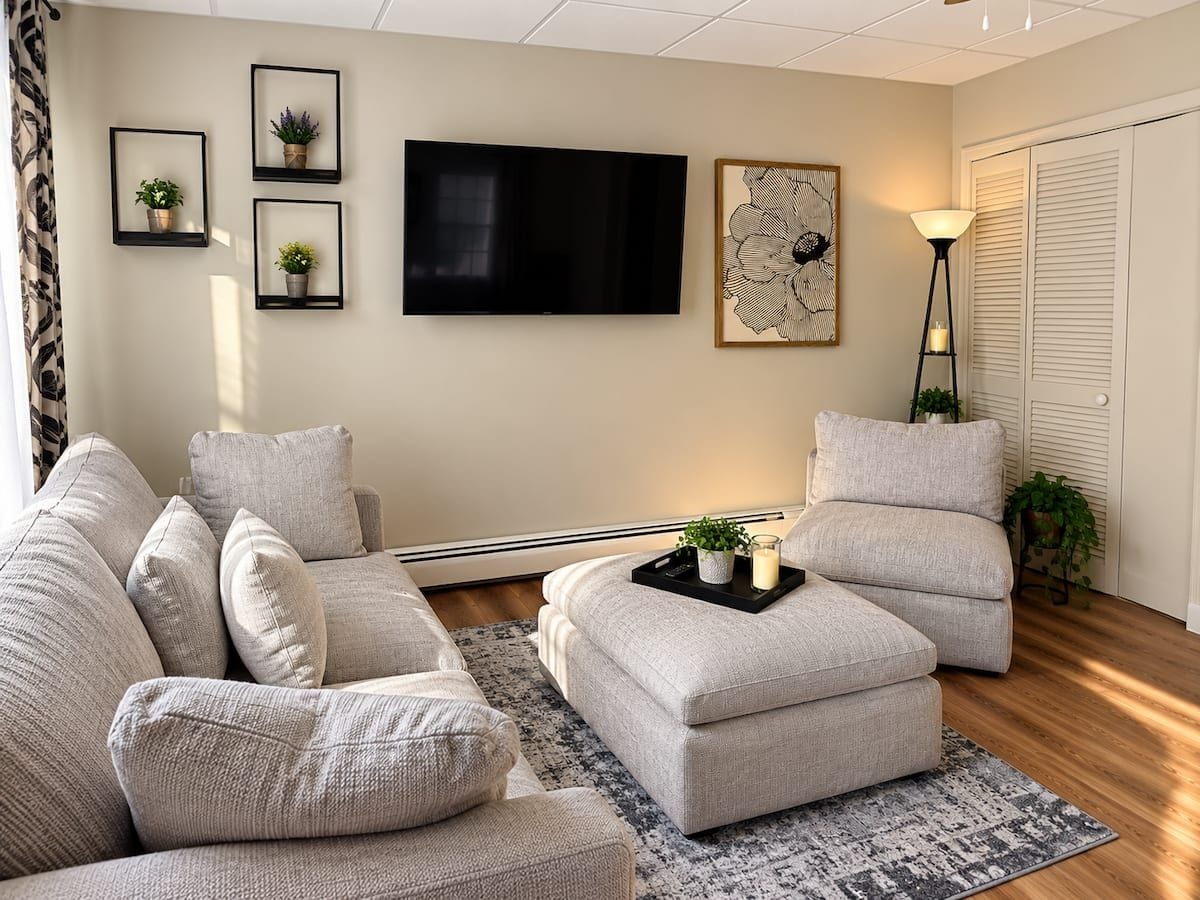 A living room with a sofa, armchair, ottoman, flat-screen TV, artwork, floor lamp, and a small table with candles.
