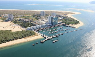 Vista aérea de una marina costera con múltiples muelles y barcos, rodeada de edificios altos y una playa de arena.