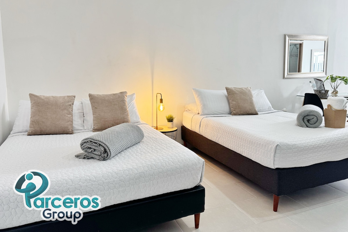 Dos camas con ropa de cama blanca y almohadas color beige, una mesita de noche con lámpara, un espejo en la pared y una planta en la mesita.