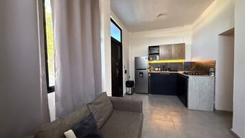 Un salon moderne avec un canapé et une vue sur la cuisine.