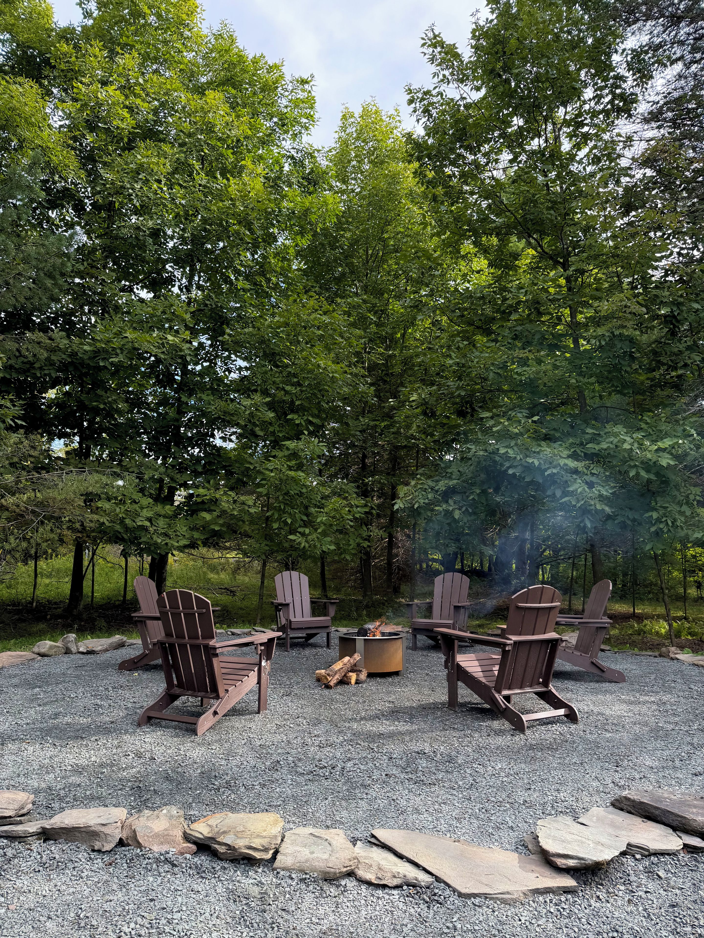 A forested area with a fire pit and Adirondack chairs arranged around it.