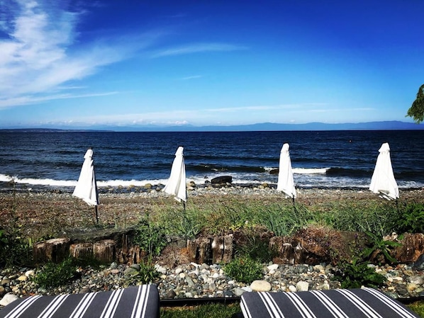 Une vue sur la plage, avec des parasols et des chaises longues.