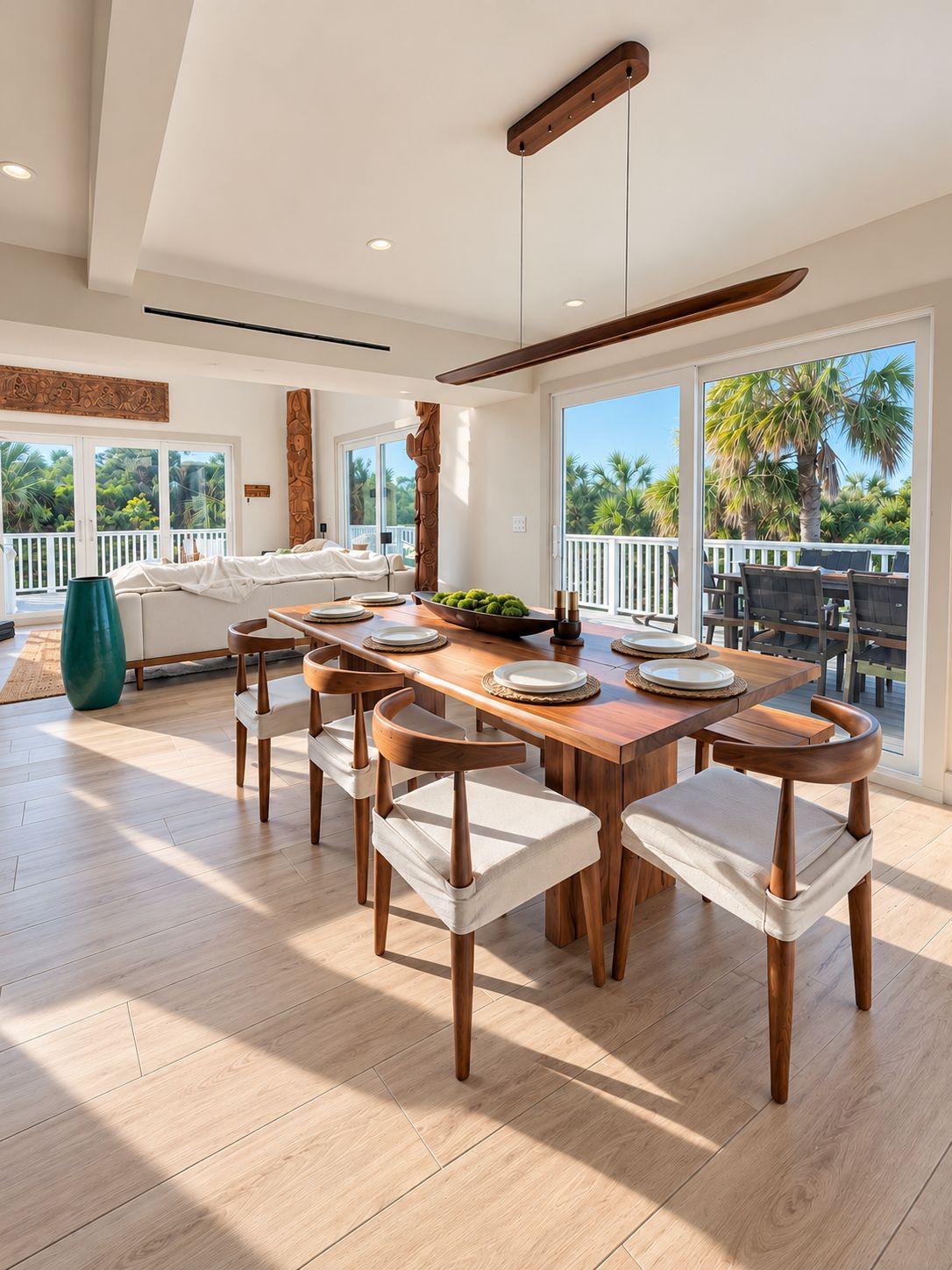 A spacious dining area with a wooden table and chairs, large windows with a view of palm trees, and a ceiling with recessed lighting.