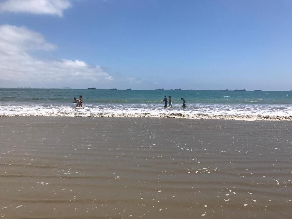 Une plage où l’on voit des gens dans l’eau et des navires au loin.