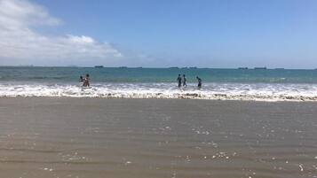 Une plage où l’on voit des gens dans l’eau et des navires au loin.